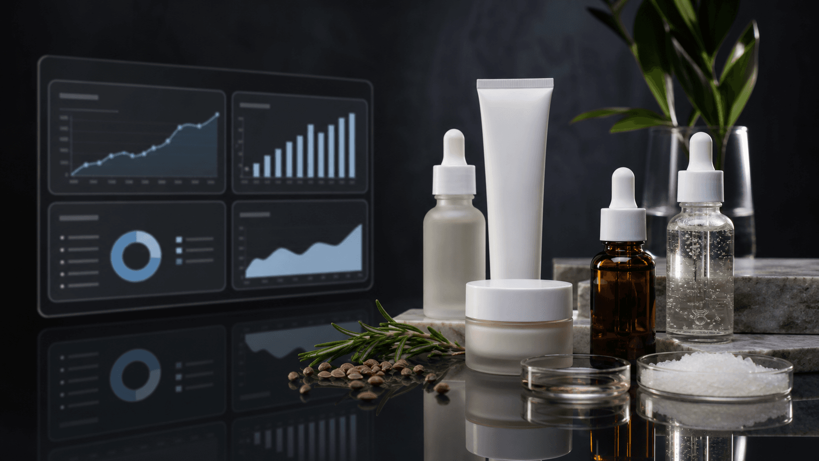 Unbranded skincare products with ecommerce analytics, representing skincare conversion and retention systems
